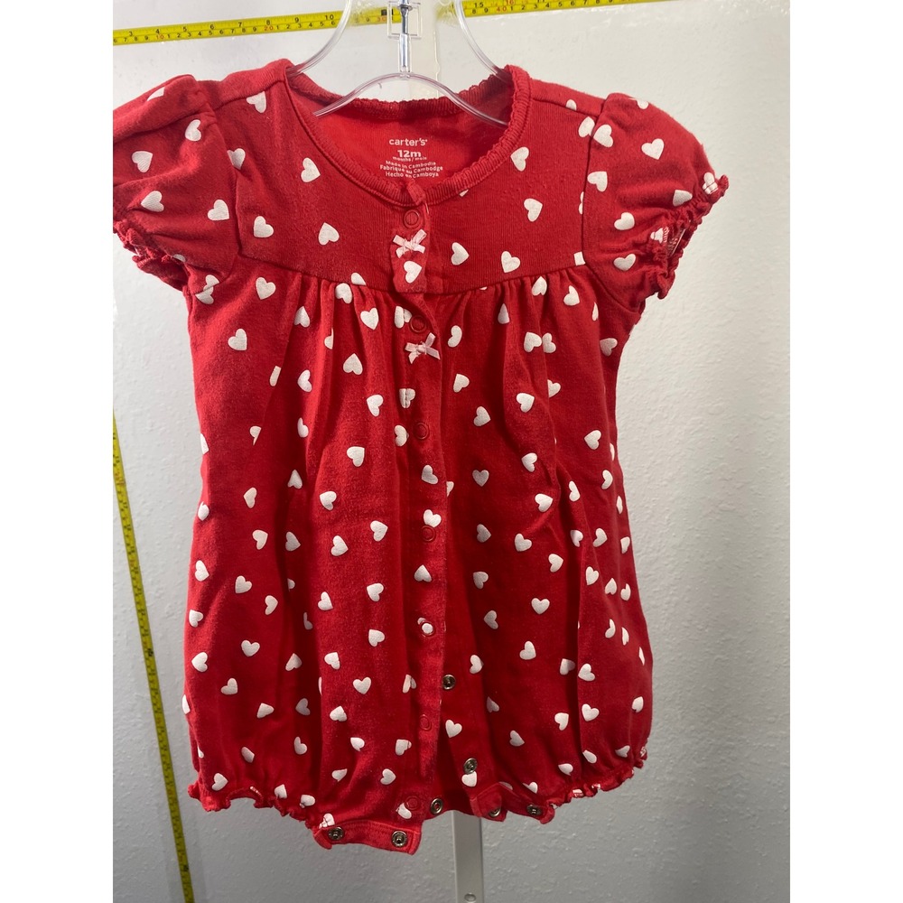 Carters Baby Girl Red Heart Print Bubble Romper 12M Short Sleeve Snap Front